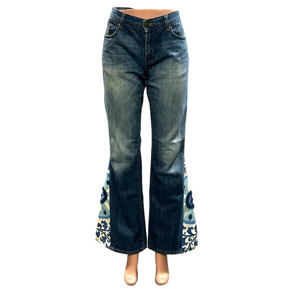Seven7 Vintage Flared Jeans Floral Paisley Bell Bottom Design Leg Inserts Sz 32 - Picture 1 of 16